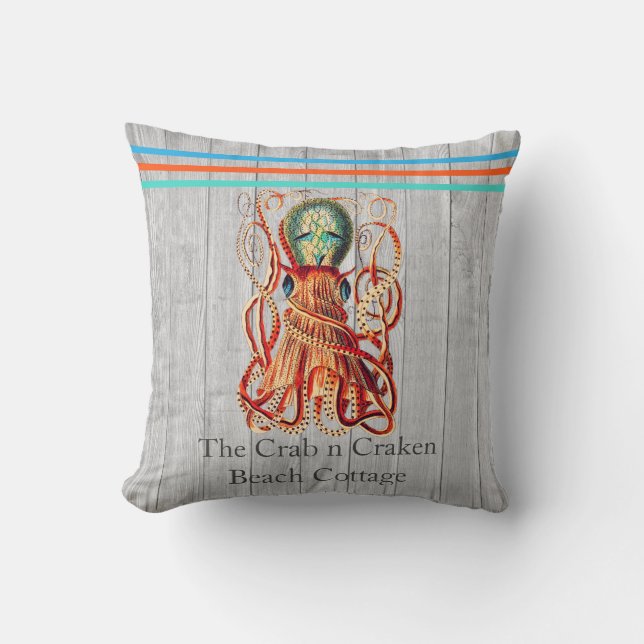 Rustic Nautical Octopus Coral Teal Blue Grey wood Cushion (Front)