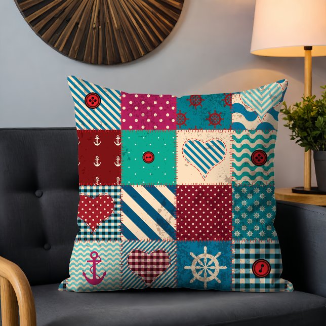 Rustic Nautical Patchwork Anchor Heart Pattern Cushion (Creator Uploaded)