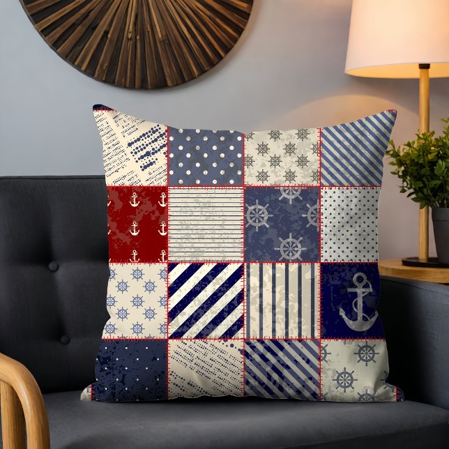 Rustic Nautical Patchwork Stripe Anchor Pattern Cushion (Creator Uploaded)