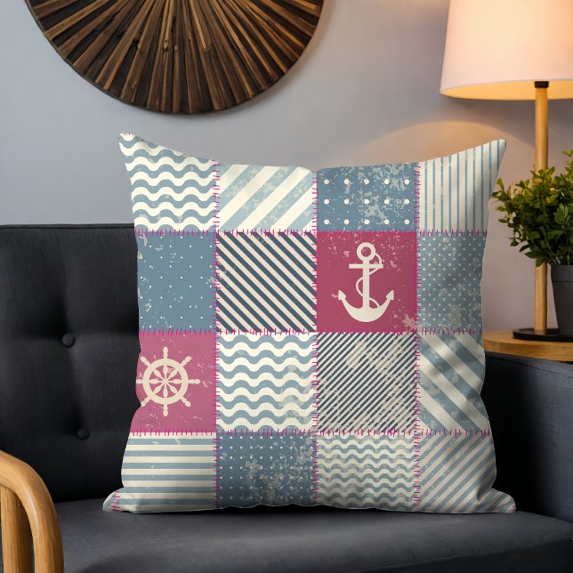 Rustic Nautical Patchwork Stripes Anchor Pattern Cushion (Creator Uploaded)