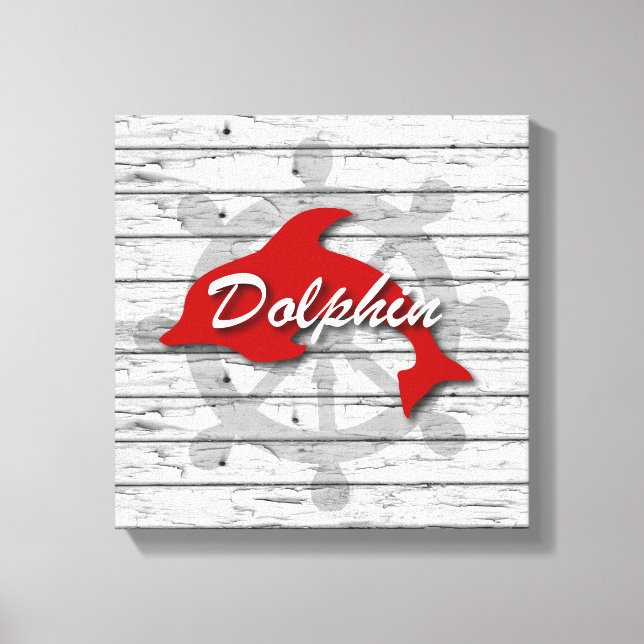 Rustic Nautical Red Dolphin On Distressed Wood Canvas Print (Front)