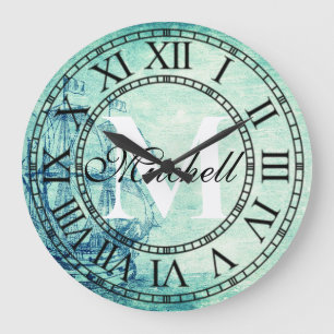 Rustic Nautical Vintage Ship Monogram Large Clock