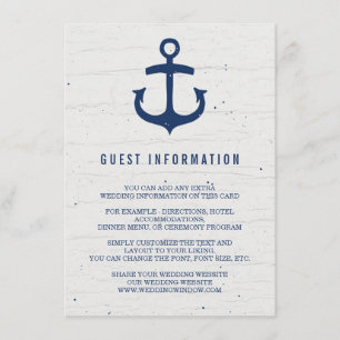 Rustic Nautical Wedding Insert Card / Navy