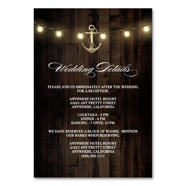 Rustic Nautical Wedding Reception + Hotel Cards (Front)