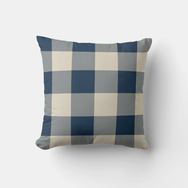 Rustic Navy and Beige Buffalo Check Plaid Cushion (Front)