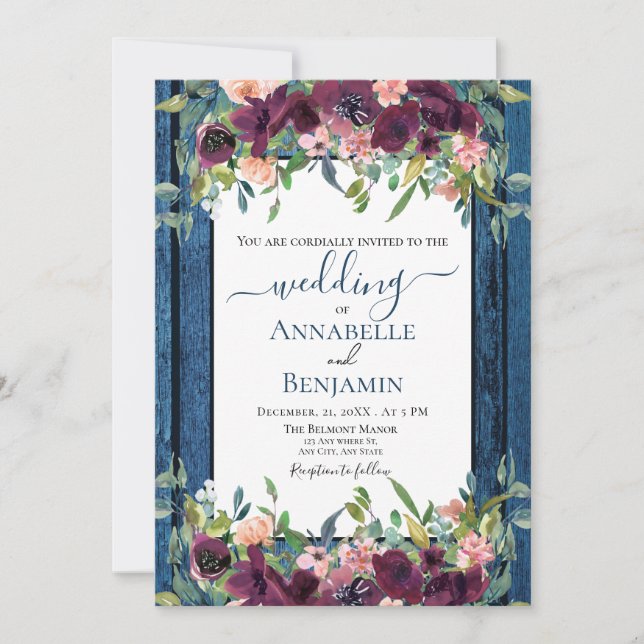 Rustic Navy and Burgundy Floral Wedding  Invitation (Front)