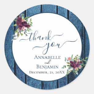 Rustic Navy and Burgundy Floral Wedding Thank You Classic Round Sticker