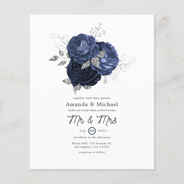 Rustic Navy and Faux Glitter Silver Floral Wedding Flyer (Front)