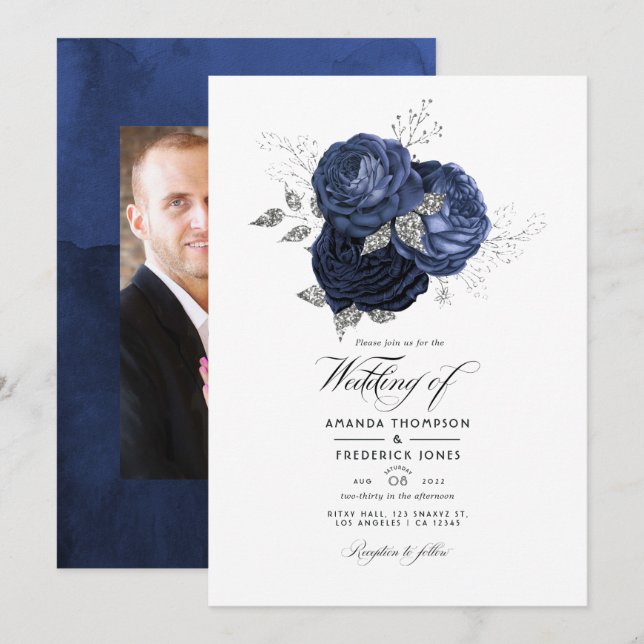 Rustic Navy and Faux Glitter Silver Floral Wedding Invitation (Front/Back)