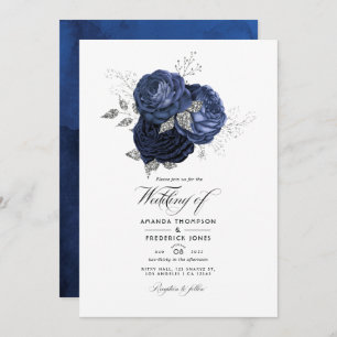 Rustic Navy and Faux Glitter Silver Floral Wedding Invitation