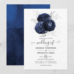 Rustic Navy and Faux Glitter Silver Floral Wedding Invitation