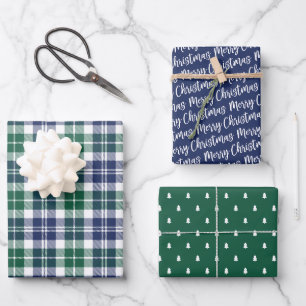 Rustic Navy and Green Watch Plaid Christmas Wrapping Paper Sheet
