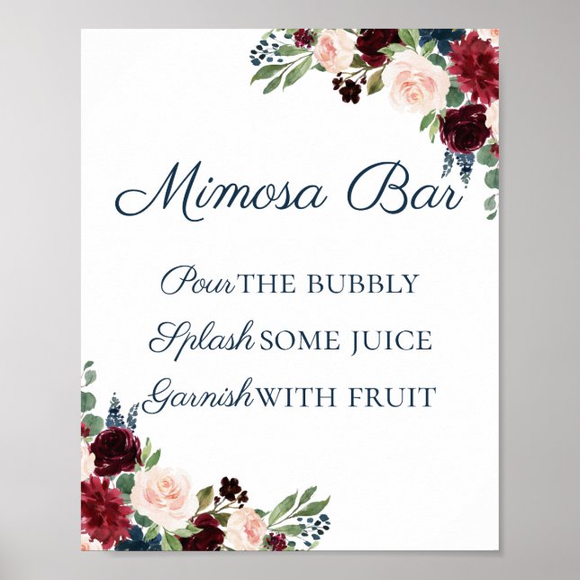 Rustic Navy and Marsala Floral Mimosa Bar Sign (Front)