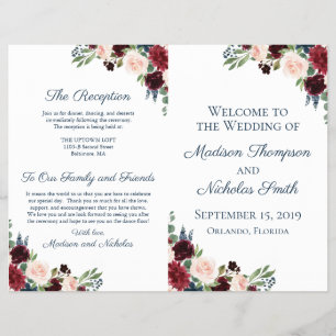 Rustic Navy and Marsala Floral Wedding Programs Flyer