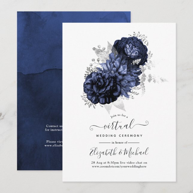 Rustic Navy and Silver Floral Virtual Wedding Invitation (Front/Back)