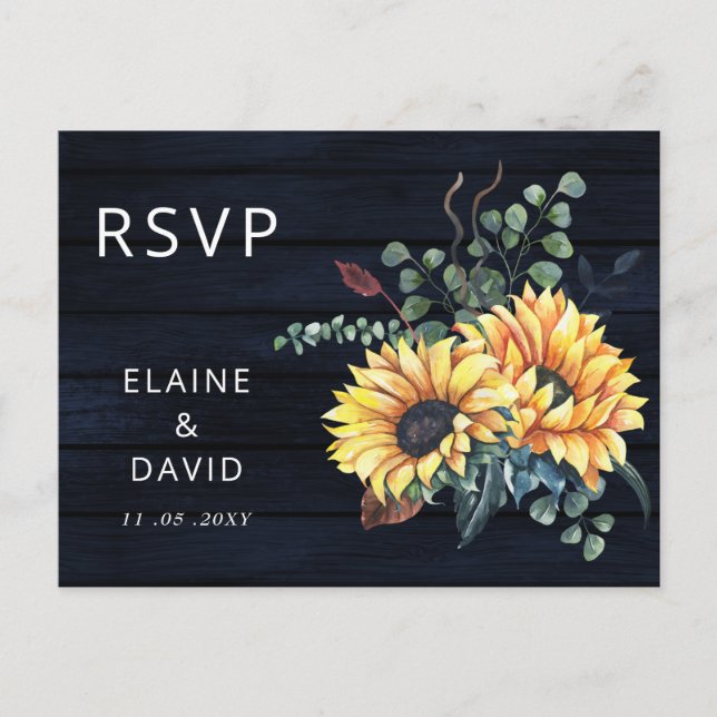 Rustic Navy Barn Wood Country Sunflowers RSVP Invitation Postcard (Front)