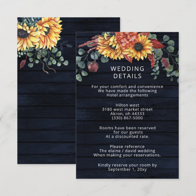 Rustic Navy Barn Wood Country Sunflowers Wedding Enclosure Card (Front/Back)