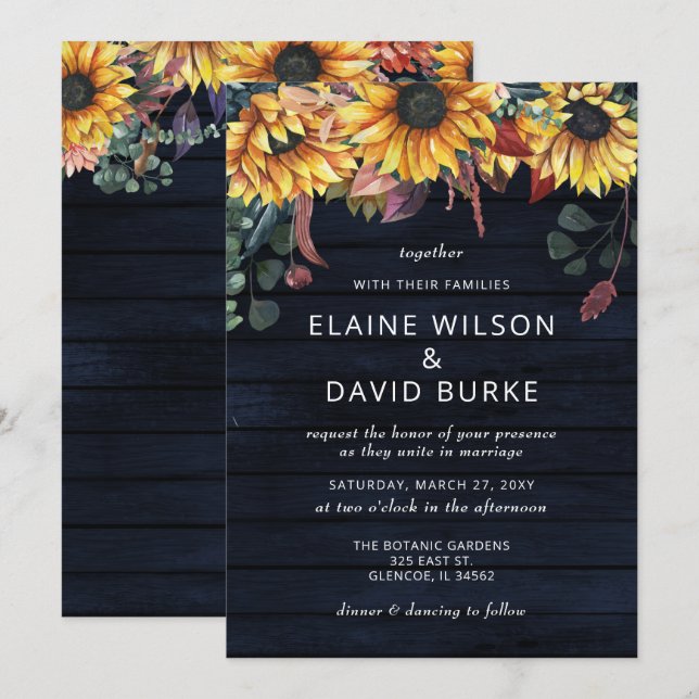 Rustic Navy Barn Wood Country Sunflowers Wedding Invitation (Front/Back)