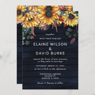 Rustic Navy Barn Wood Country Sunflowers Wedding Invitation