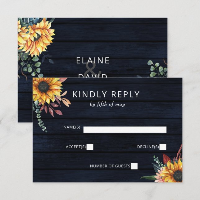 Rustic Navy Barn Wood Country Sunflowers Wedding RSVP Card (Front/Back)
