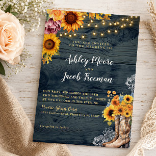 Rustic Navy Barn Wood Sunflower Boots Wedding Invitation