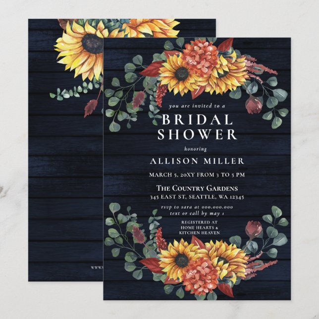 Rustic  Navy Barn Wood Sunflowers Bridal Shower Invitation (Front/Back)