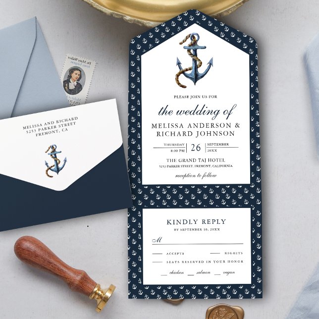 Rustic Navy Blue Anchor Nautical Wedding All In One Invitation (Creator Uploaded)