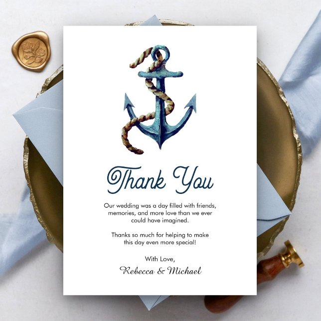 Rustic Navy Blue Anchor Rope Nautical Wedding  Thank You Card (Creator Uploaded)