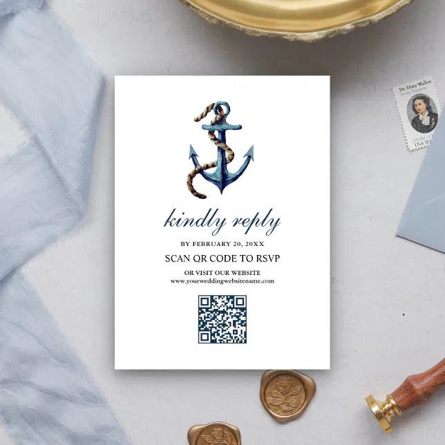 Rustic Navy Blue Anchor Rope QR Code RSVP Wedding Enclosure Card | Zazzle