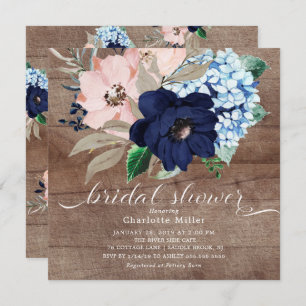 Rustic Navy Blue and Blush Flowers Bridal Shower Invitation