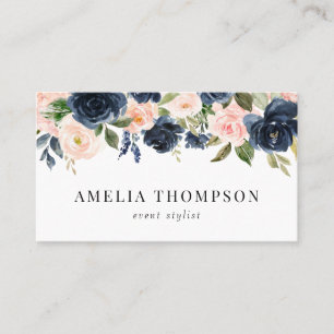 Rustic Navy Blue and Blush Roses Floral Garland Business Card