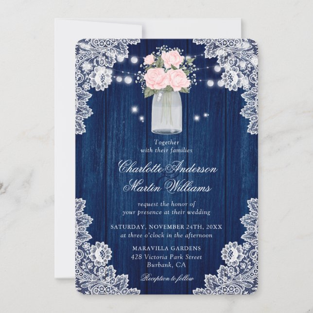 Rustic Navy Blue and Blush Wood Lace Wedding Invitation (Front)