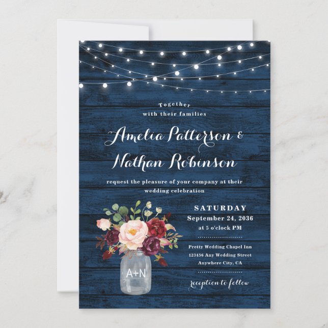 Rustic Navy Blue and Burgundy Blush Floral Wedding Invitation (Front)