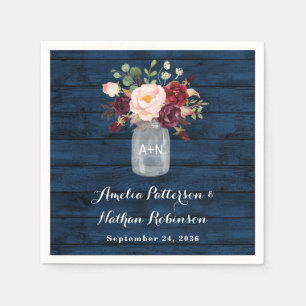 Rustic Navy Blue and Burgundy Blush Floral Wedding Napkin