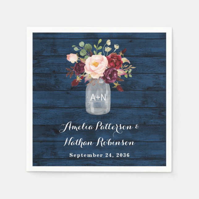 Rustic Navy Blue and Burgundy Blush Floral Wedding Napkin (Front)