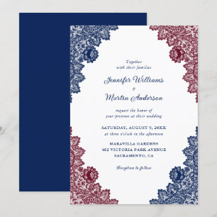 Rustic Navy Blue and Burgundy Floral Lace Wedding Invitation