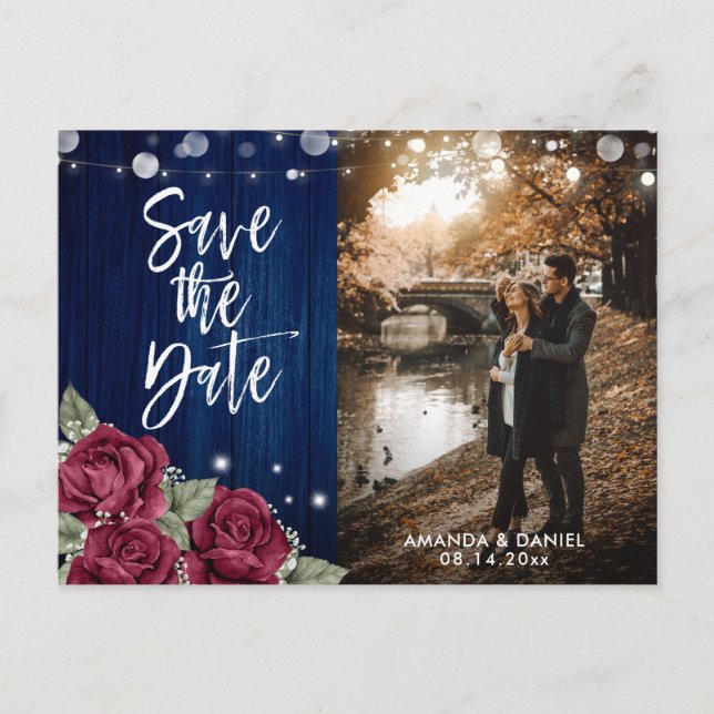 Rustic Navy Blue and Burgundy Floral Wedding Photo Announcement Postcard (Front)