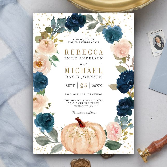 Rustic Navy Blue and Peach Floral Pumpkin Wedding Invitation (Creator Uploaded)