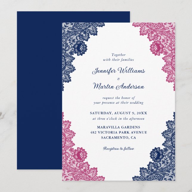 Rustic Navy Blue and Pink Floral Lace Wedding Invitation (Front/Back)