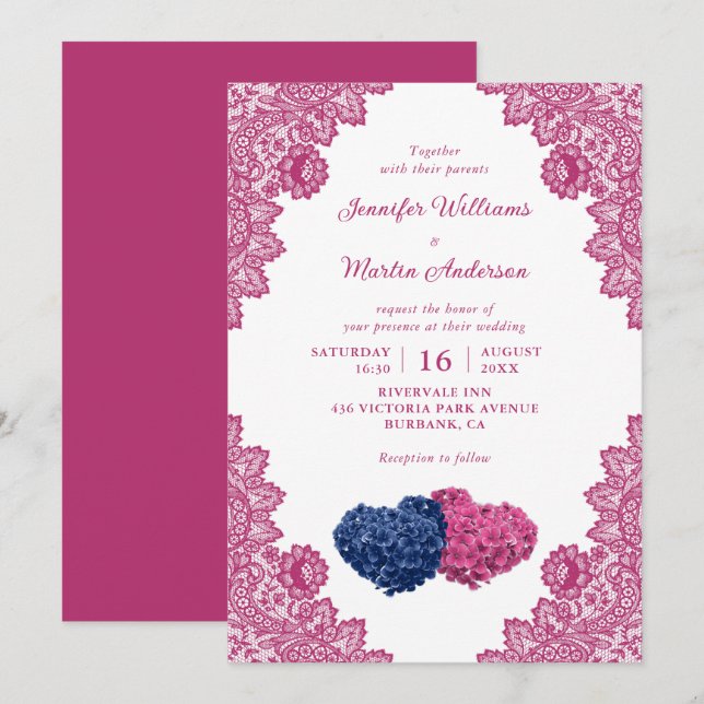 Rustic Navy Blue and Pink Lace Wedding Invitation (Front/Back)