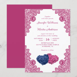 Rustic Navy Blue and Pink Lace Wedding Invitation
