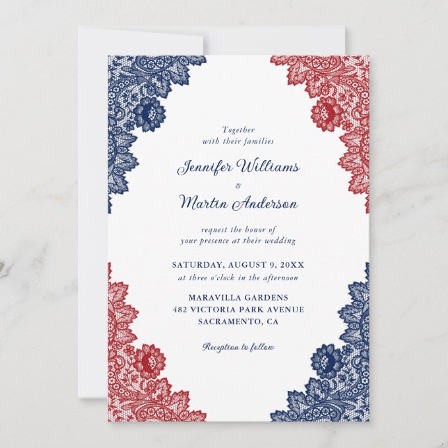 Rustic Navy Blue and Red Floral Lace Wedding Invitation (Front)