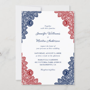Rustic Navy Blue and Red Floral Lace Wedding Invitation