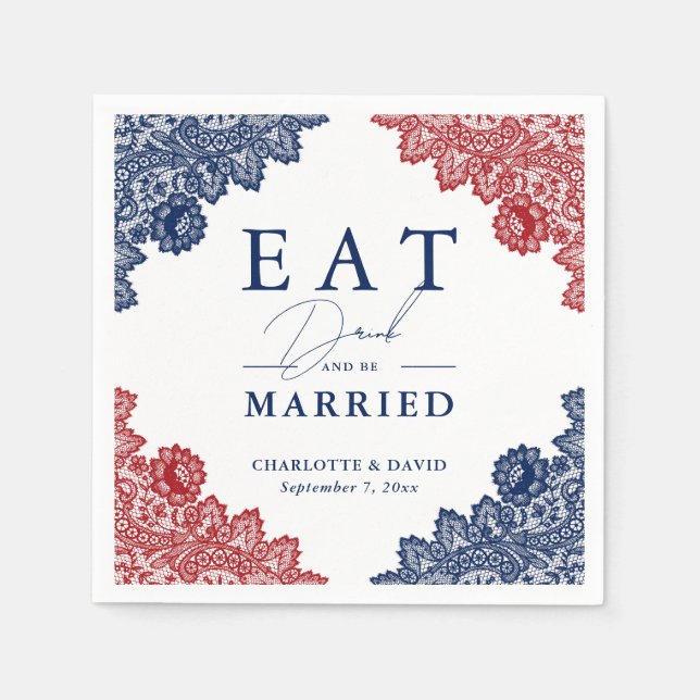 Rustic Navy Blue and Red Floral Lace Wedding Napkin (Front)