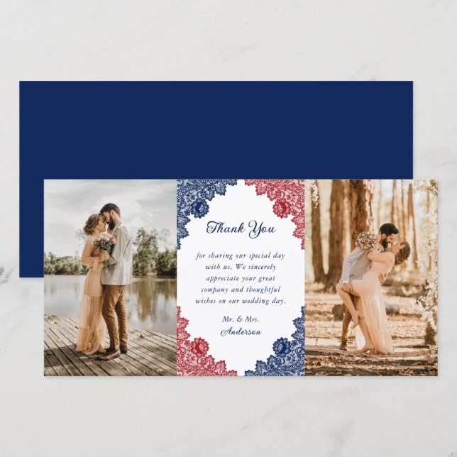 Rustic Navy Blue and Red Floral Wedding Photo Thank You Card (Front/Back)