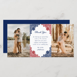 Rustic Navy Blue and Red Floral Wedding Photo Thank You Card