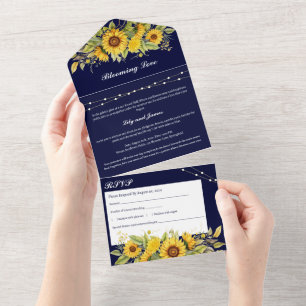 Rustic Navy Blue And Sunflower  Wedding All In One Invitation