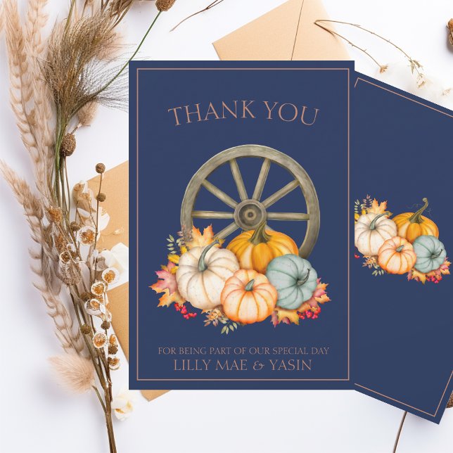 Rustic Navy Blue Autumn Fall Pumpkins Wedding Thank You Card (Creator Uploaded)