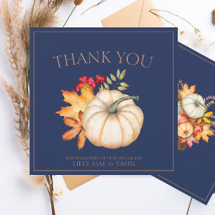 Rustic Navy Blue Autumn Fall Pumpkins Wedding Thank You Card
