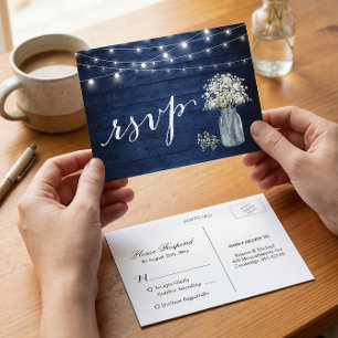 Rustic Navy Blue Baby's Breath String Lights RSVP Invitation Postcard
